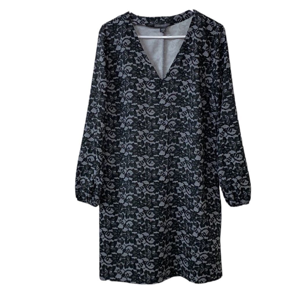 Covington Printed Long-sleeve Black & Gray Dress(Size Large)
